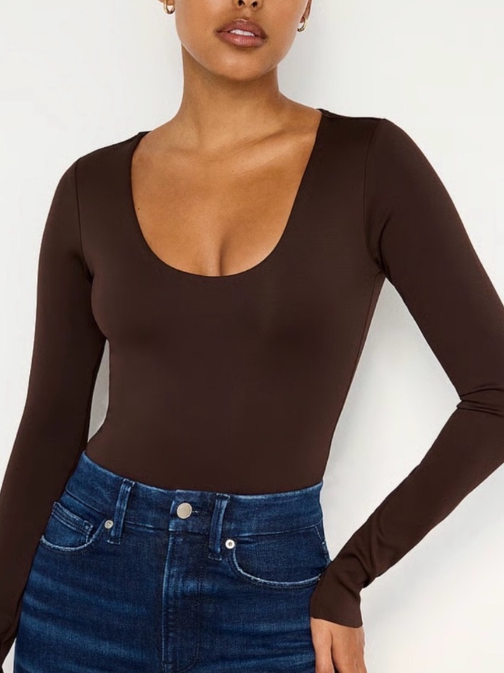 Good American Sculpting Scoop Neck Bodysuit Fig007 Brown Long Sleeve M